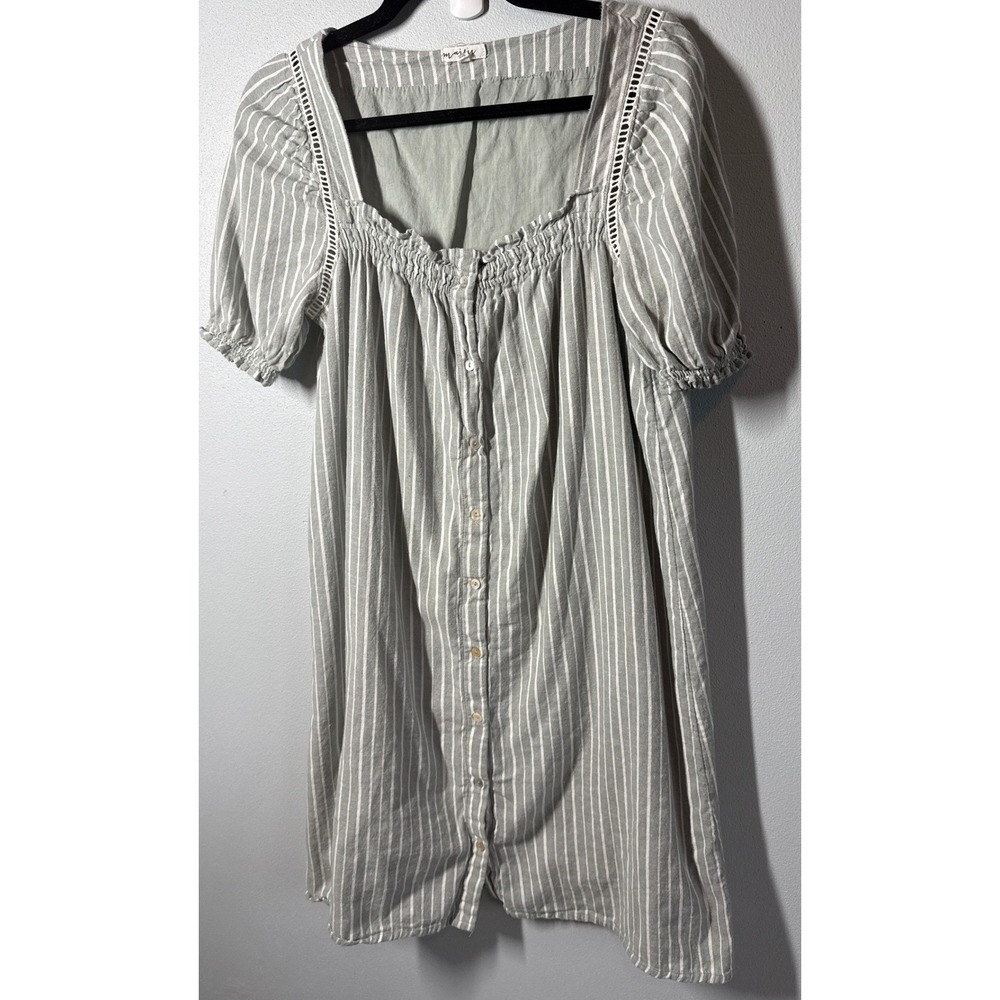 Maisie Dress Sz M Sage Green White Striped Lace Trim Button Up Cottage Lagenlook